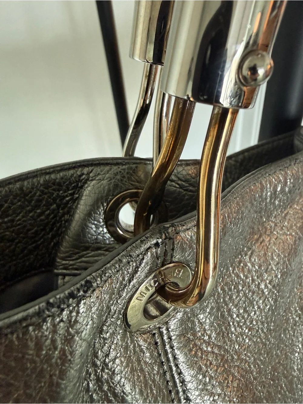 Michael Kors Skorpios Metallic Silver Leather Tote Bag Purse with Braided Handle